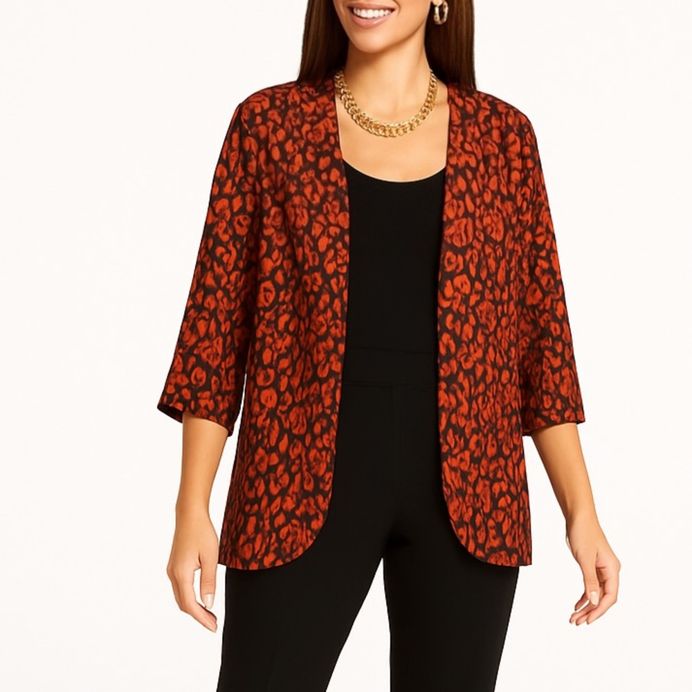 Red & Black Animal Print Kimono Size L Open Front Sheer Bold Statement Layer‎